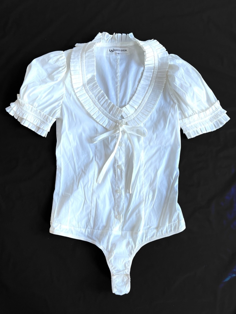 Dress Queen white Puffed Sleeve Bodysuit Slim fit Pleated Collar sequins ties XS